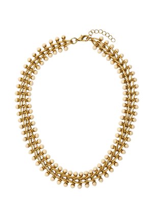 Naszyjnik z łańcuszka w odcieniu złota z małymi, okrągłymi kremowymi koralikami równomiernie rozmieszczonymi na dwóch splecionych ze sobą nitkach, zapinany na zapięcie typu karabińczyk i regulowany łańcuszek.