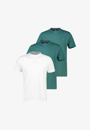 Paket mit drei Herren-T-Shirts mit Rundhalsausschnitt, zwei in Türkis und eines in Weiß, schlichtes Design mit kleinem Logo auf der linken Brust.