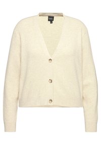 Světle béžový pletený cardigan s výstřihem do V, dlouhými rukávy, čtyřmi knoflíky vpředu a žebrovanou strukturou na látce.