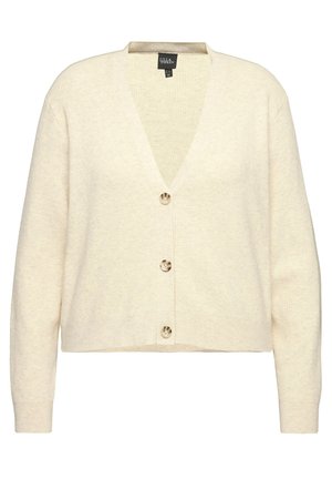 Helles beige Strickcardigan mit V-Ausschnitt, langen Ärmeln, vier Knöpfen vorne und einer gerippten Textur auf dem Stoff.
