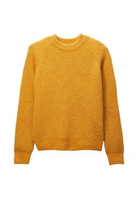 Pull en maille jaune avec une texture côtelée, décolleté rond et manches raglan. L'ourlet et les poignets sont également côtelés pour un ajustement parfait.