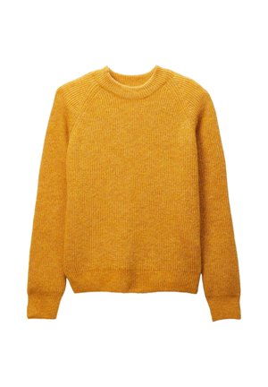 Pull en maille jaune avec une texture côtelée, décolleté rond et manches raglan. L'ourlet et les poignets sont également côtelés pour un ajustement parfait.