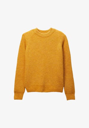 Pull en maille jaune avec une texture côtelée, décolleté rond et manches raglan. L'ourlet et les poignets sont également côtelés pour un ajustement parfait.