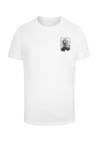 White cotton t-shirt featuring a black graphic of a statue with rays behind it, positioned on the left chest area. Short sleeves, standard fit.