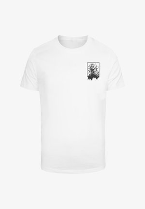 Camiseta de algodón blanca con un gráfico negro de una estatua con rayos detrás, situada en la zona izquierda del pecho. Mangas cortas, ajuste estándar.