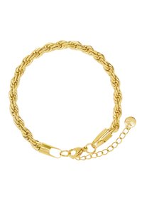 Das goldene, gedrehte Kettenarmband verfügt über einen Karabinerhaken und eine verstellbare Kette. Das Design präsentiert ineinandergreifende Glieder für ein strukturiertes Erscheinungsbild.