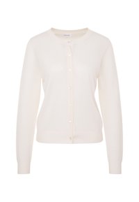 Cardigan en maille de couleur crème avec un col rond, des manches longues et une fermeture à boutons à l'avant avec six boutons assortis. Texture douce.