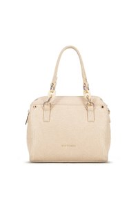 Sac à main en cuir beige avec une finition texturée, deux poignées, quincaillerie dorée et un détail de logo subtil à l'avant. Forme rectangulaire compacte.