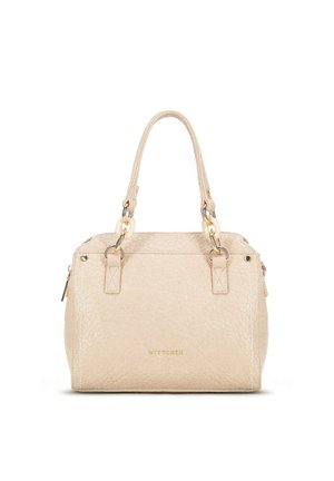Bolso de mano de cuero beige con acabado texturizado, doble asa, herrajes en tono dorado y sutil detalle del logo en la parte delantera. Forma rectangular compacta.
