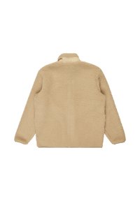 Giacca in pelliccia sintetica beige con finitura testurizzata, maniche lunghe e colletto rialzato, caratterizzata da una vestibilità comoda e un design semplice.