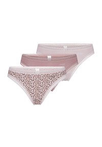 Set od tri gaćice koje uključuju jednu u svijetlo ružičastoj boji, jednu u čvrstoj mauve boji i jednu s uzorkom u nijansama bež i ružičaste. Uključuju čipkaste detalje.