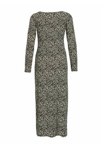 Hosszú ujjú, fekete-fehér cikkcakk mintás midiruha, testhez simuló szabással és kerek nyakkivágással.