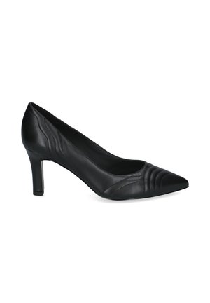 Schwarzer Leder-Pumps mit spitz zulaufender Spitze, mittelhohem Absatz und subtiler, gesteppten Wellenverzierung an Spitze und Seiten.