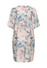 Robe ample à manches courtes avec un col rond, présentant un motif floral et feuillu pastel dans des tons bleus, verts, roses et beiges.