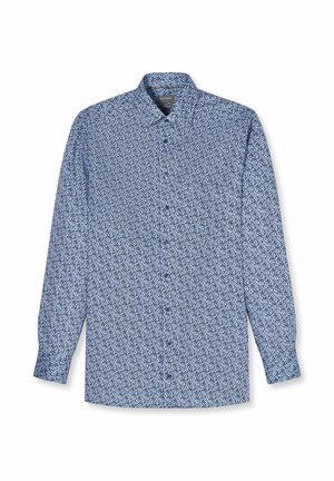 Blauw overhemd met lange mouwen en knopen, voorzien van een klein donker bloemmotief en een klassieke kraag, plat gelegd op een witte achtergrond.