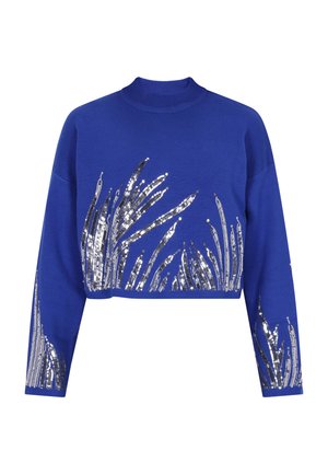 Maglione blu corto con collo alto, caratterizzato da accenti in paillettes argentati in un motivo fluido simile all'erba su entrambi i lati.