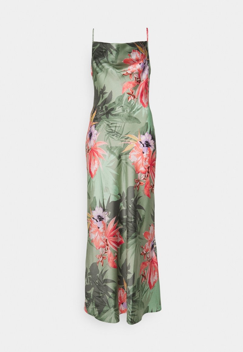 Longue robe en satin verte avec imprimé floral tropical rose et violet et fines bretelles.
