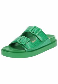 Zelené syntetické klouzací sandály s krokodýlí texturou, dvěma nastavitelnými sponami a plochou platformou. Hladký povrch s rovnoměrnou barvou.