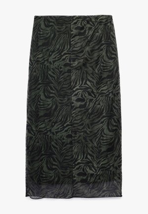 Gonna midi verde e nera con motivo a strisce di tigre, realizzata in un tessuto morbido e leggero, con silhouette dritta.