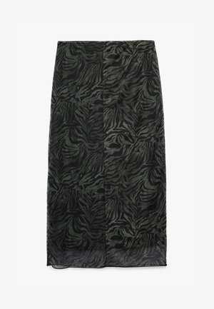 Gonna midi verde e nera con motivo a strisce di tigre, realizzata in un tessuto morbido e leggero, con silhouette dritta.