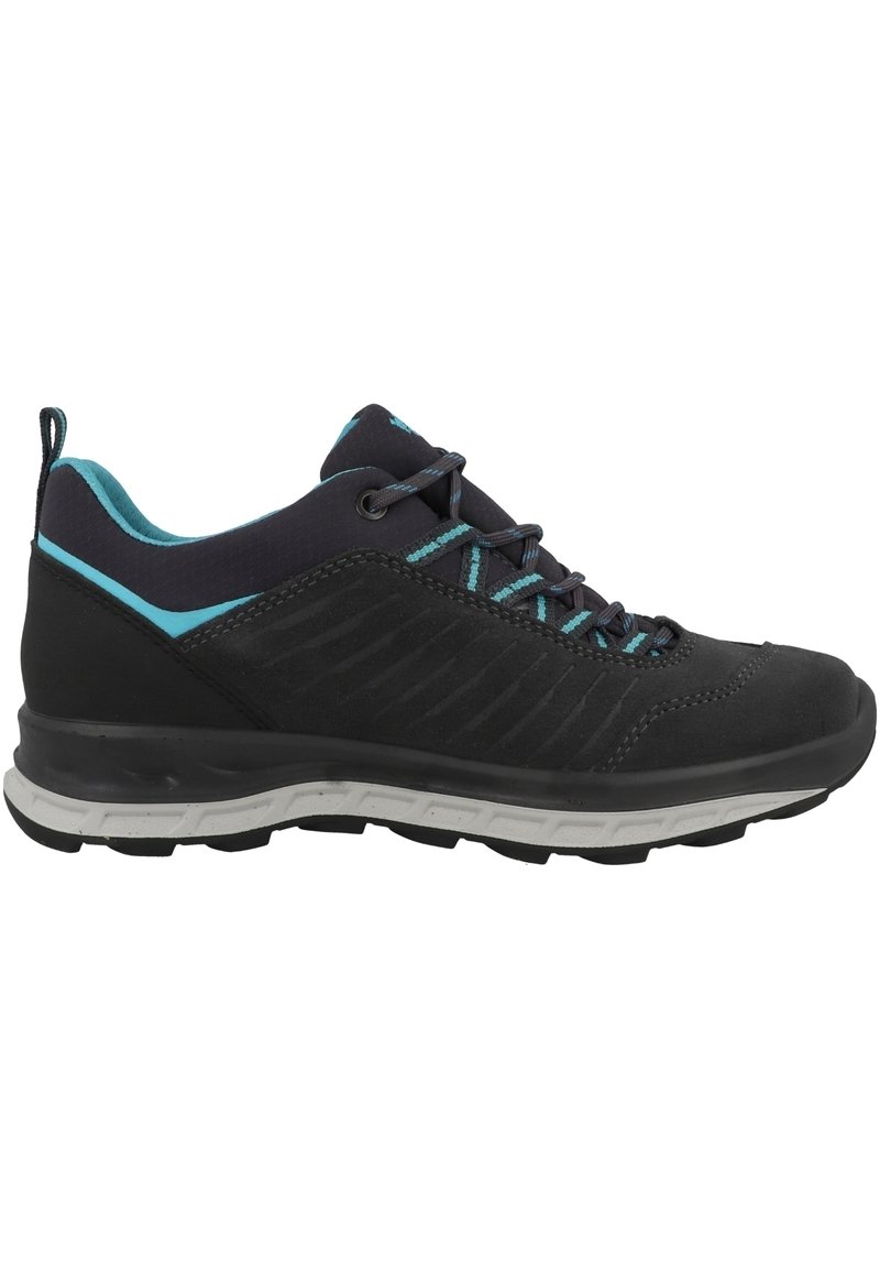 Czarne buty trekkingowe o teksturowanej powierzchni, z niebieskimi akcentami i amortyzowaną podeszwą. Posiadają sznurowadła oraz oddychający design dla wygody.