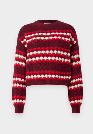 Red and white patterned cropped sweater with a round neckline and ribbed cuffs, featuring a knitted texture and heart-shaped designs.