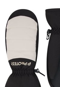 Schwarze Winterhandschuhe mit einem gepolsterten weißen Oberteil, das ein gerafftes Handgelenk und einen Haken zur Befestigung aufweist. Der Markenname "PROTEST" in Weiß auf Schwarz.