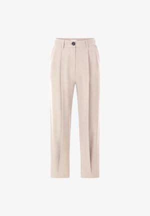 Pantalons beige cintrés avec taille haute, devant plissé et fermeture à un bouton. Fabriqués dans un tissu lisse avec une texture subtile.