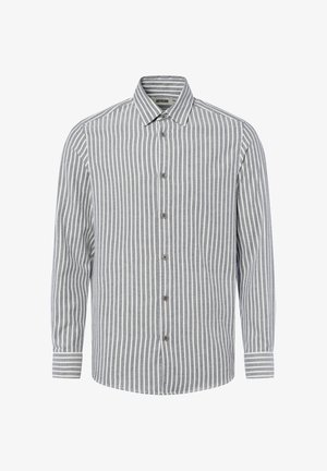 Camicia a righe grigio e bianca, con colletto classico, maniche lunghe e orlo arrotondato. Realizzata in un tessuto leggero.