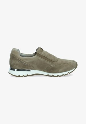 Suede slip-on shoe in taupe with elastic accents, white midsole, and silver metallic detail on the heel. Features textured upper and rubber sole.