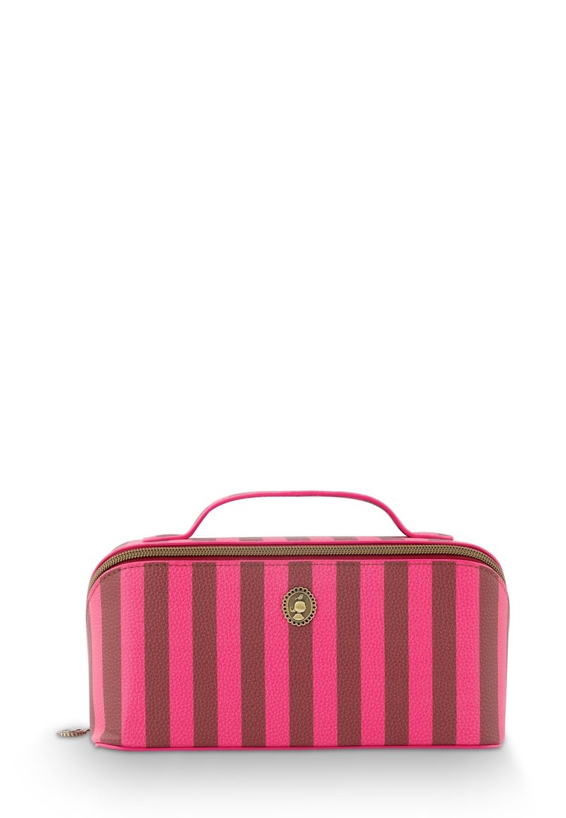 Roze en bruine gestreepte cosmeticakas met een handvat en gouden hardware. Gecoate buitenkant met een ronde vorm en ritssluiting.