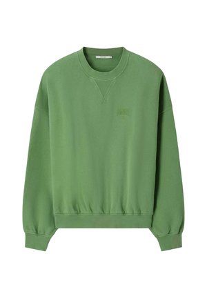 Sweat vert col rond avec poignets et ourlet côtelés, présentant une broderie discrète du texte "AMORE" sur la poitrine gauche.