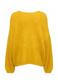 Übergroßer gelber Strickpullover mit strukturierter Stoffoberfläche, überschnittenen Schultern und weiten Ärmeln. Gerippter Saum und Halsabschluss. Rückansicht.