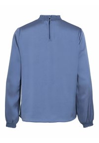 Helle blaue Bluse mit langen Ärmeln, glatter Textur, gerafftem Ausschnitt und Reißverschlussdetails auf der Rückseite. Elastische Bündchen sorgen für einen taillierten Look.