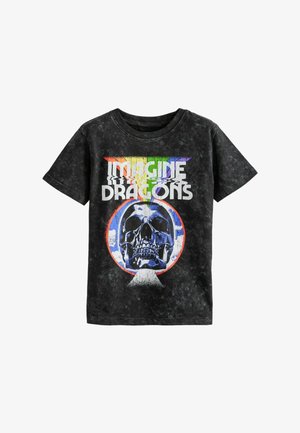 Juodas trumpas rankovės marškinėliai su kaukolės grafika ir spalvingu tekstu "IMAGINE DRAGONS" bei apskritimu. Senovinės skalbimo tekstūra.