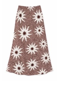 Μακριά φούστα A-line με καφέ και λευκά μοτίβα ηλιακών ακτινών σε κυματιστό καφέ υφασμένο φόντο.