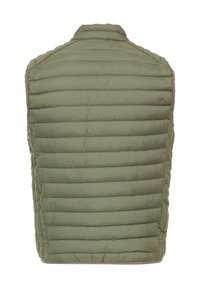 Olivegrüner gefütterter Weste mit horizontalen Nähten, hohem Kragen und seitlichen Akzenten. Leichter Stoff und glatte Textur. Rückansicht gezeigt.