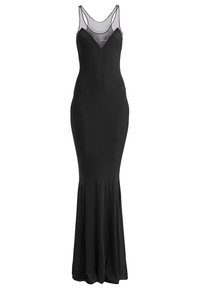 Robe de soirée noire longue jusqu'au sol avec silhouette ajustée, décolleté en V en résille transparente et fines bretelles.