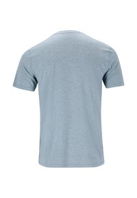 Ljusblå bomullströja med kort ärm, rundad hals och en slät textur. Inga synliga mönster eller grafik. Bakvy visad.