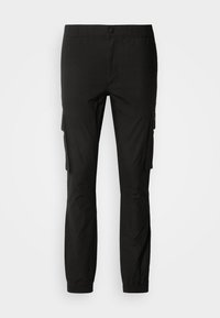 Pantaloni cargo negri, confecționați dintr-un material ușor, cu un brâu elastic, buzunare laterale și un design cu pantaloni tapered.