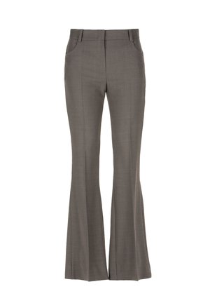 Pantalons gris évasés en tissu léger, présentant une texture lisse avec deux poches latérales et une taille ajustée.