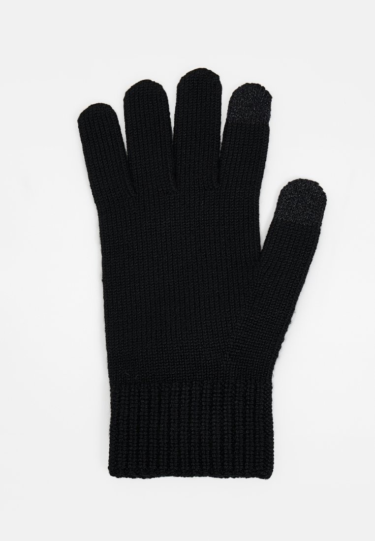 Guantes de punto negros con cinco dedos, que presentan un patrón texturizado y puntas de los dedos conductoras para su uso en pantallas táctiles.