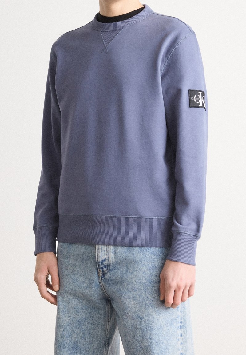 Osoba ubrana w stonowaną niebieską bluzę z okrągłym dekoltem, z naszywką z logo Calvin Klein na lewym rękawie oraz jasnoniebieskie dżinsy.