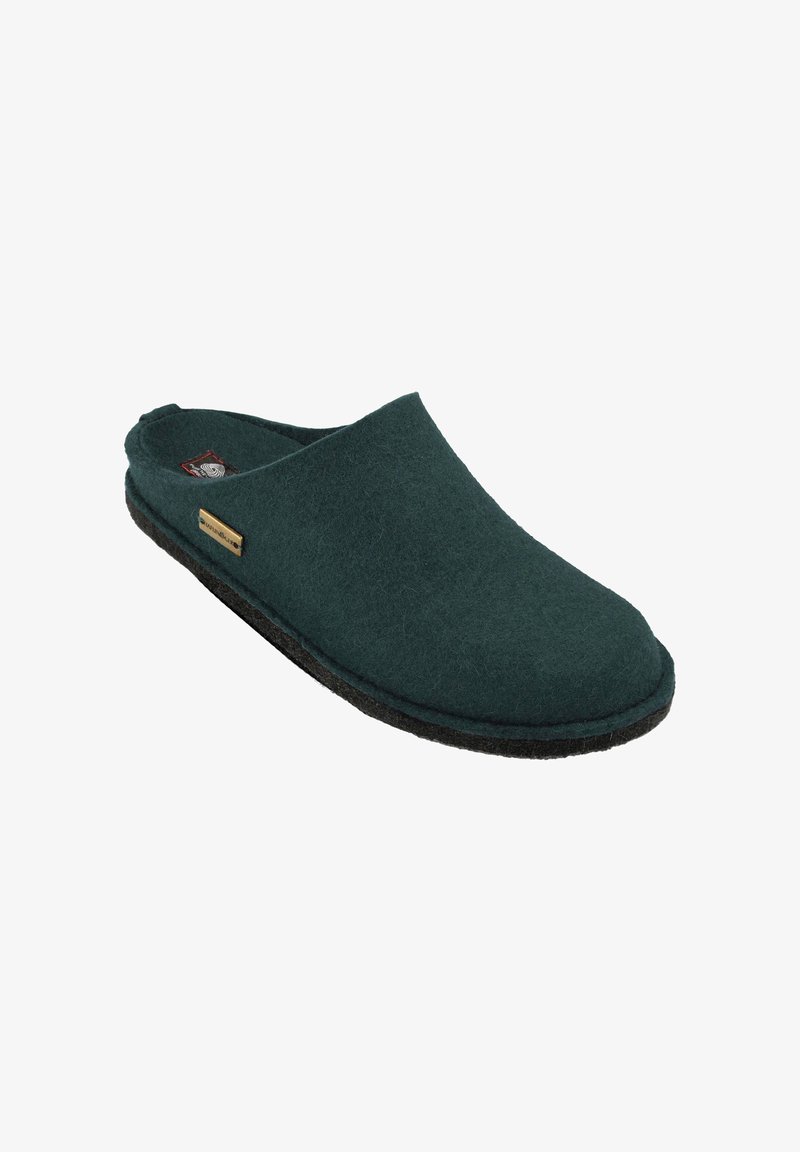 Zielone filcowe chodaki z gładkim, zamkniętym przodem. Posiadają czarną gumową podeszwę i mały złoty akcent z logo z boku.