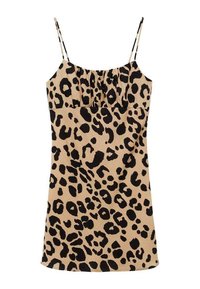 Camisole s uzorkom leoparda s tankim crnim trakama, nabrano tijelo i bež pozadinom. Izrađena od mekog materijala s glatkom teksturom.
