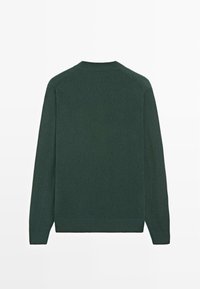 Maglione verde scuro lavorato a maglia con scollo a girocollo, maniche lunghe e polsini a coste. Design semplice, texture morbida e senza motivi visibili.