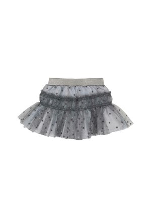 Gonna in tulle grigia con volant sovrapposti, decorata da motivi a stelle argento e una vita glitterata. Texture morbida con un design leggero e fluente.