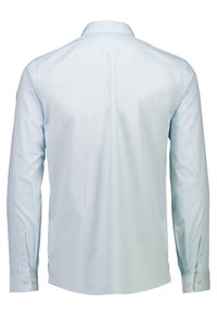 Camicia a maniche lunghe azzurro chiaro, realizzata in un tessuto morbido, presenta un colletto classico, polsini abbottonati e una parte posteriore semplice senza motivi.