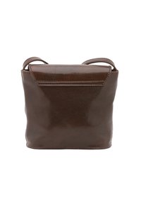 Borsa a tracolla in pelle marrone con finitura liscia, forma rettangolare e chiusura a pattina. Presenta due tracolle.