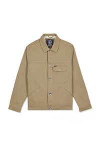 Veste beige boutonnée avec col, manches longues, deux poches latérales et une poche poitrine à rabat avec fermeture par bouton.